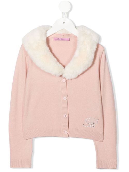 Cardigan bambina rosa chiaro con collo in pelliccia bianca Miss Blumarine | IF2054MAB01R9467